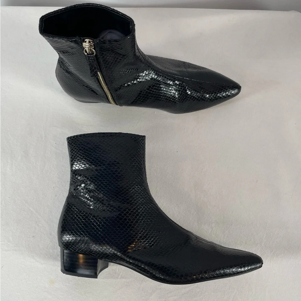 Zara‎ Snakeskin Embossed Leather Pointed Toe Booties in Black Size 6.5 or 37